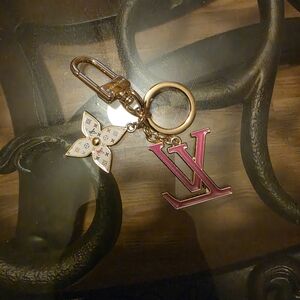 Louis Vuitton Pink Enamel LV Keychain with Gold-Tone Floral Charm